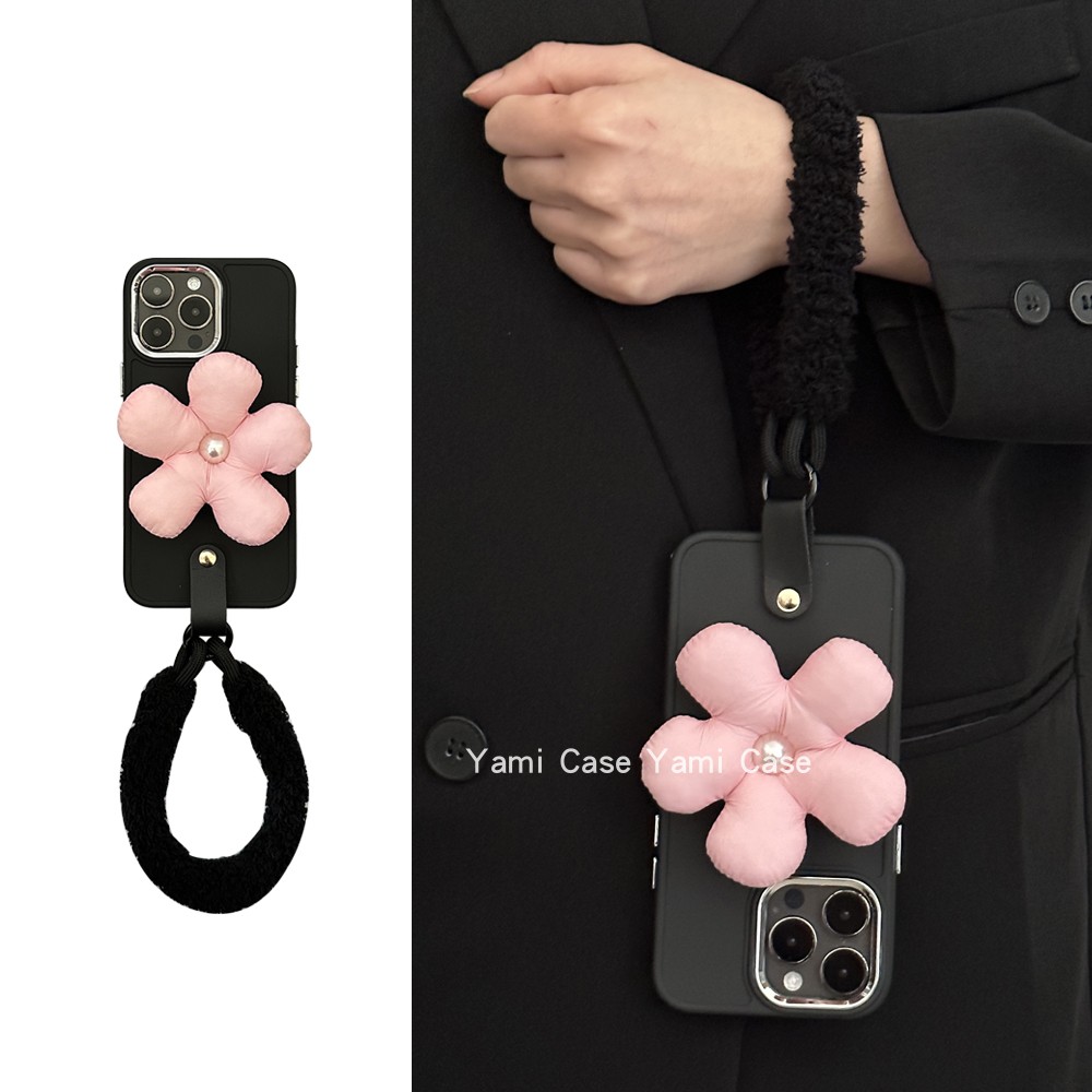 粉色珍珠羽绒花朵支架适用16pro苹果15promax手机壳iphone13毛绒绒手绳12小众气质11/xs创意防摔14pro保