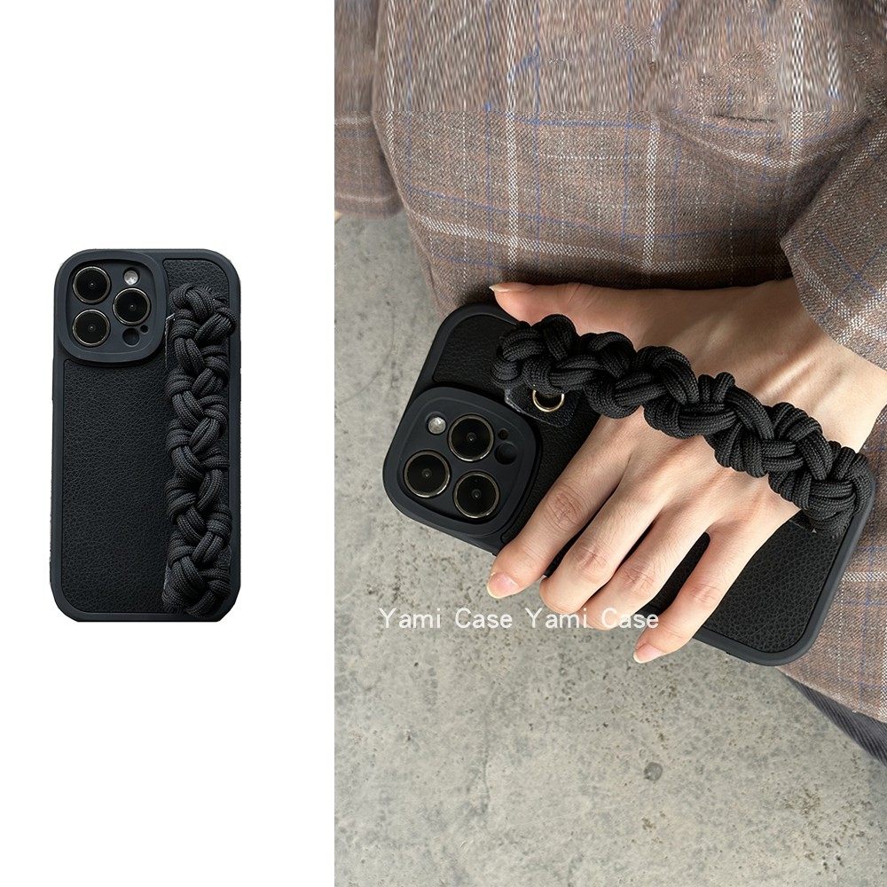 简约黑色编织手腕带适用17promax苹果14promax手机壳13pro斜挎挂绳12软胶11贴皮xs纯色78plus保护15promax套