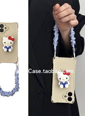 ins日韩博主同款蓝色猫咪支架16promax适用苹果15promax手机壳iphone13格子手腕绳12四角挂耳16全包14套