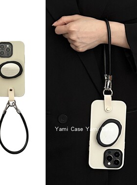 简约三合一镜框简约黑白纯色适用苹果17promax手机壳iphone13椭圆镜子支架15软皮手绳16小众时尚14pro保护套