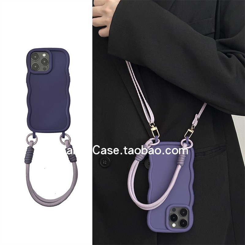 简约ins新款波浪纹双耳高级感紫色16promax适用苹果15promax手机壳13pro手绳12防摔斜挎挂绳16全包14保护套