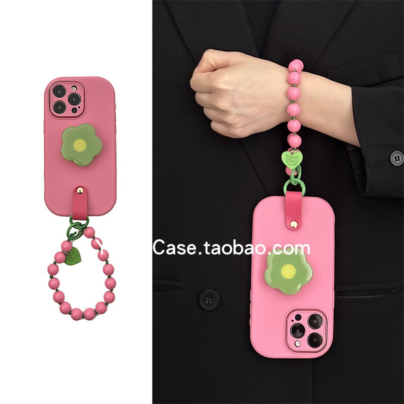 韩风ins小众少女玫粉撞绿花朵支架16promax适用苹果15promax手机壳iphone13串珠手绳15pro防摔12全包14保护套