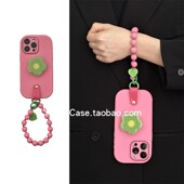 韩风ins小众少女玫粉撞绿花朵支架17promax适用苹果15promax手机壳iphone13串珠手绳16pro防摔12全包14保护套