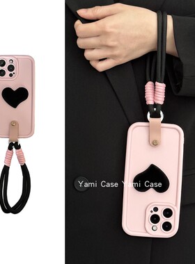 立体毛绒黑色硬爱心适用苹果15promax手机壳iphone14pro精孔12手拎手绳xsmax防摔11少女粉13软胶14保护套