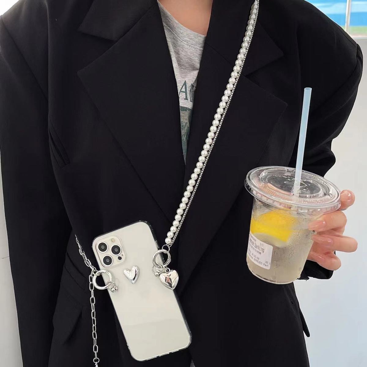 简约ins电镀银爱心珍珠金属斜挎链条16适用苹果14proamx手机壳13pro透明12软11全包xs防摔7plus8保护15套