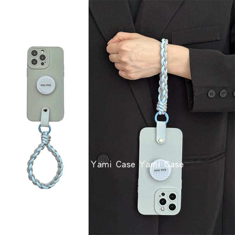 简约清冷感灰蓝编织手拎手绳14适用苹果15promax手机壳13pro小众韩风12蓝格支架11软胶磨砂78plus保护xs套