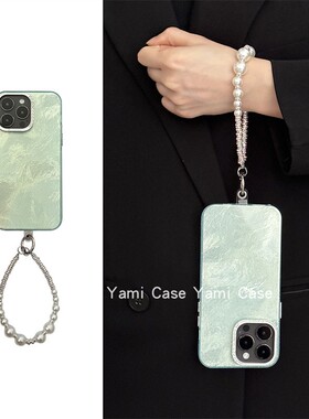 高级感ins钻框绿色锡纸纹14pro适用苹果15promax手机壳13pro简约小众12小香珍珠链条11时尚防摔xs保护套