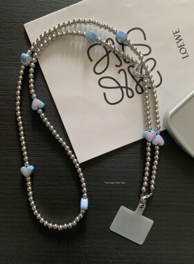 手机挂链长款斜挎蓝色镭射爱心手工串珠防丢挂脖女通用包包小蜜蜂