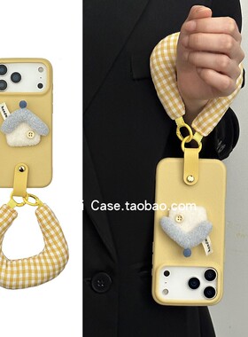 日韩ins小众黄色软胶磨砂毛毡房子17promax适用苹果15promax手机壳16pro充棉手腕12个性16防摔14保护套