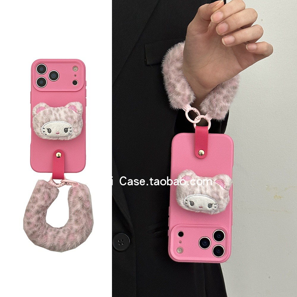 可爱少女心粉豹纹猫咪支架16promax适用苹果17promax手机壳iphone13软胶15充棉手腕12防摔17全包14保护套