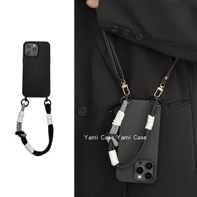 简约黑白手腕手绳适用16苹果15promax手机壳iphone13自带挂环11韩风防摔12斜挎挂绳14pro保护xs套