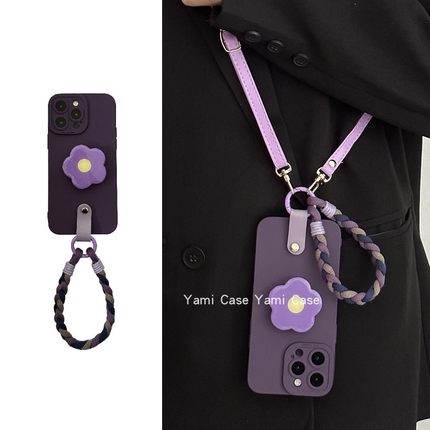 可背斜挎适用17pro苹果15promax手机壳iphone13简约16高级纯色11花朵支架12斜挎可背7p8新款手提14pro保护套