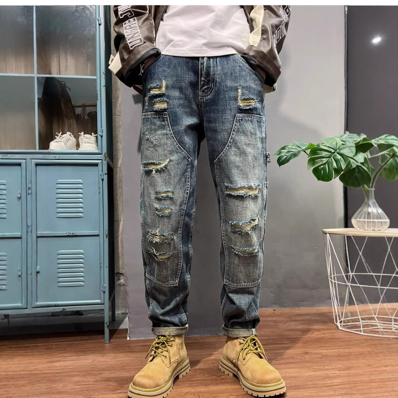 牛仔裤男秋季拼接水洗工装直筒裤