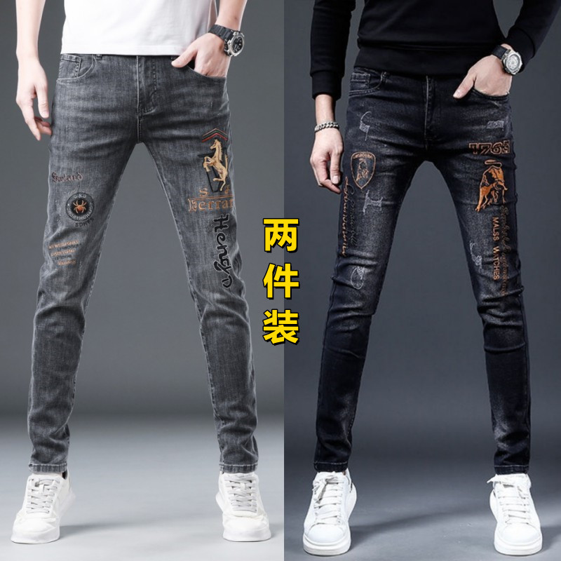 修身小脚印花潮流牛仔裤刺绣