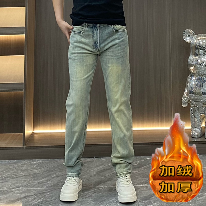 秋季欧货水洗加绒牛仔裤男士高街