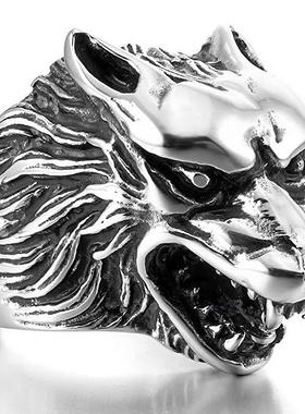 霸气风狼头复古钛钢指环戒子