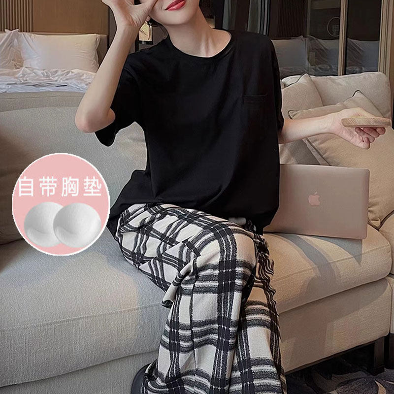免穿文胸自带胸垫睡衣女夏短袖长裤休闲韩版圆领套头可外穿家居服,女士内衣/男士内衣/家居服,睡衣/家居服套装,淘宝优惠券,粉丝福利购,淘宝优惠卷