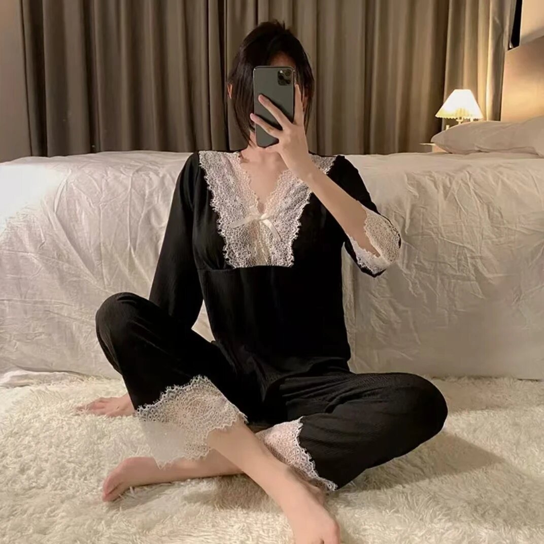 显瘦甜美睡衣女士春秋款长袖长裤带胸垫可拆蕾丝边高级潮流家居服