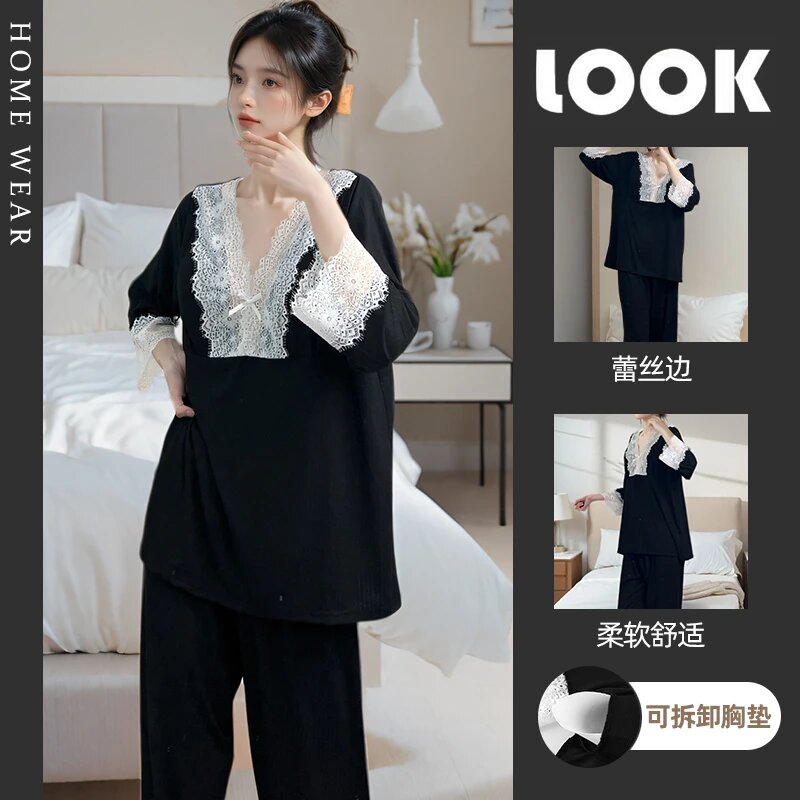 洋气纯欲睡衣女春秋款长袖可拆带胸垫公主风蕾丝边黑色V领家居服