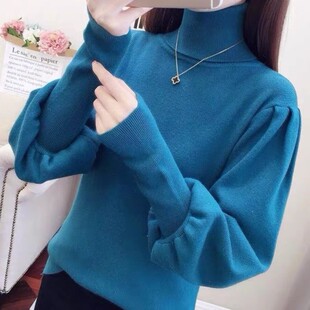 薄款泡泡灯笼袖长袖堆堆高领宽松毛衣女秋冬纯色针织衫内搭打底衫