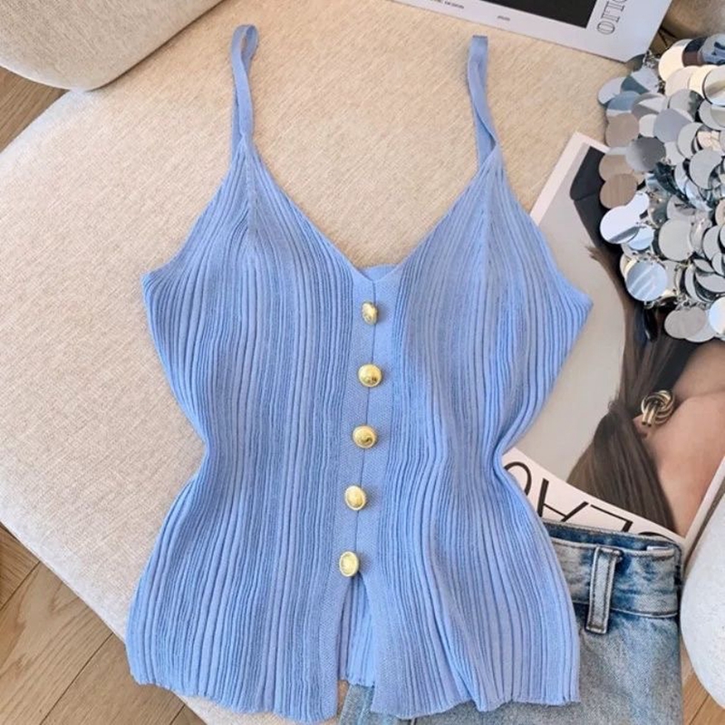 甜辣妹V领冰丝针织吊带女夏款小香风金扣背心不规则开叉无袖上衣