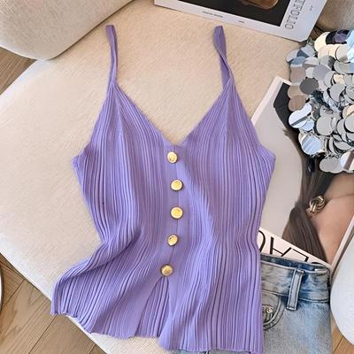 紫色V领单排扣针织吊带女夏季外穿美背背心无袖纯欲抹胸短款上衣