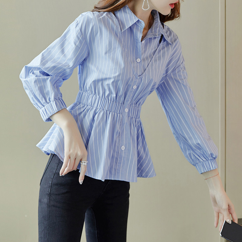 条纹衬衫女秋装2020新款韩版裙摆小衫收腰上衣洋气设计感小众衬衣