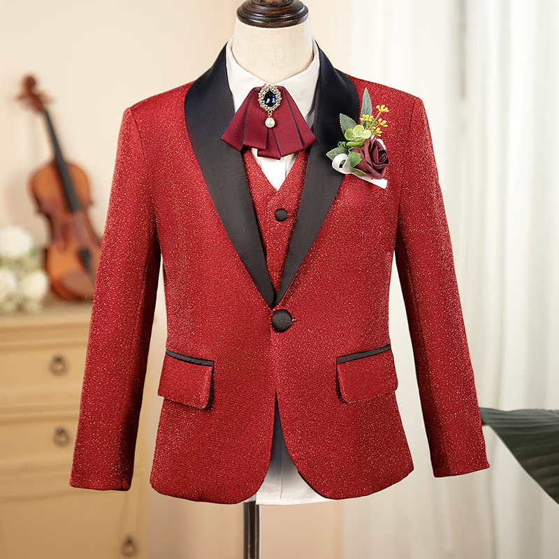 男童西装套装红色亮片高端