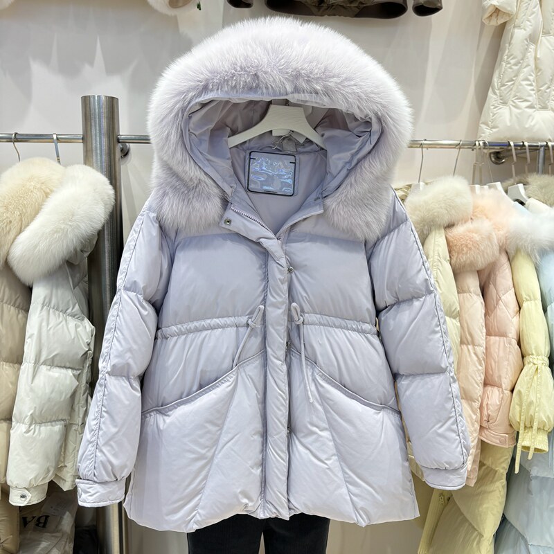 2024韩版新款羽绒服女中长款加厚大毛领连帽白鸭绒保暖外套面包服