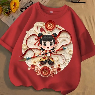 儿童新款哪吒春夏季男女小中童短袖t恤纯棉圆领宽松百搭国潮上衣T