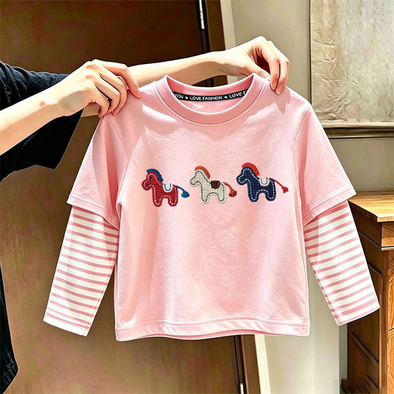 秋季纯棉女童长袖T恤儿童卡通假两件上衣女孩宝宝可爱洋气打底衫