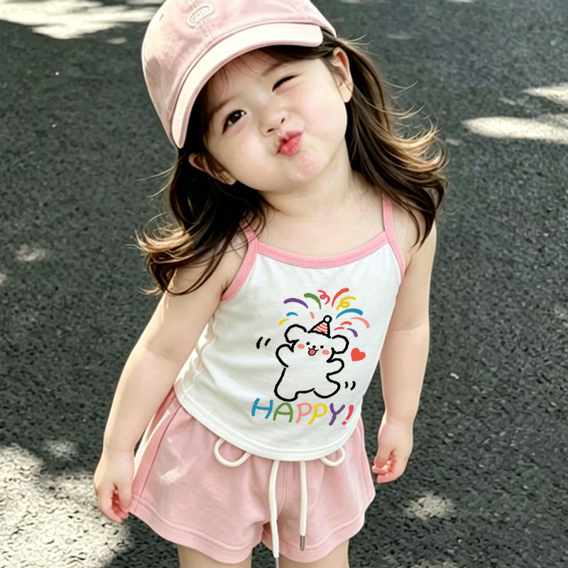 夏季女童吊带背心儿童无袖T恤可爱卡通女宝宝吊带上衣薄款打底衫