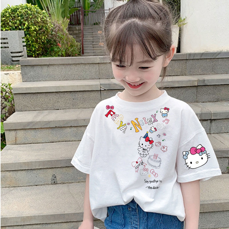 100%纯棉女童短袖T恤夏季儿童百搭半袖上衣印花中大童宽松透气T恤