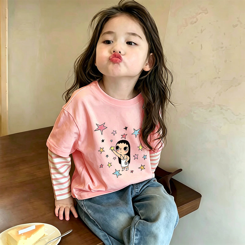 春秋款女童纯棉长袖T恤儿童韩版假两件上衣中大童洋气百搭打底衫