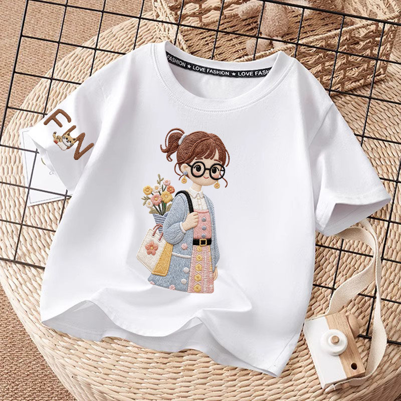 100%纯棉女童短袖T恤夏季儿童百搭半袖上衣印花中大童宽松透气T恤