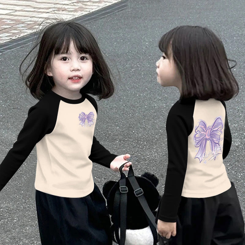 女童秋装打底衫中大童长袖春秋宽松上衣拼接拼色女孩洋气百搭T恤