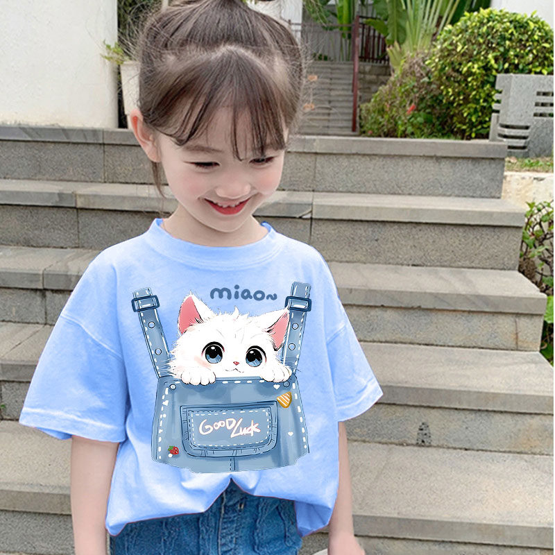 女孩子短袖纯棉t恤2025新款夏季中大童洋气半袖女童猫咪可爱上衣