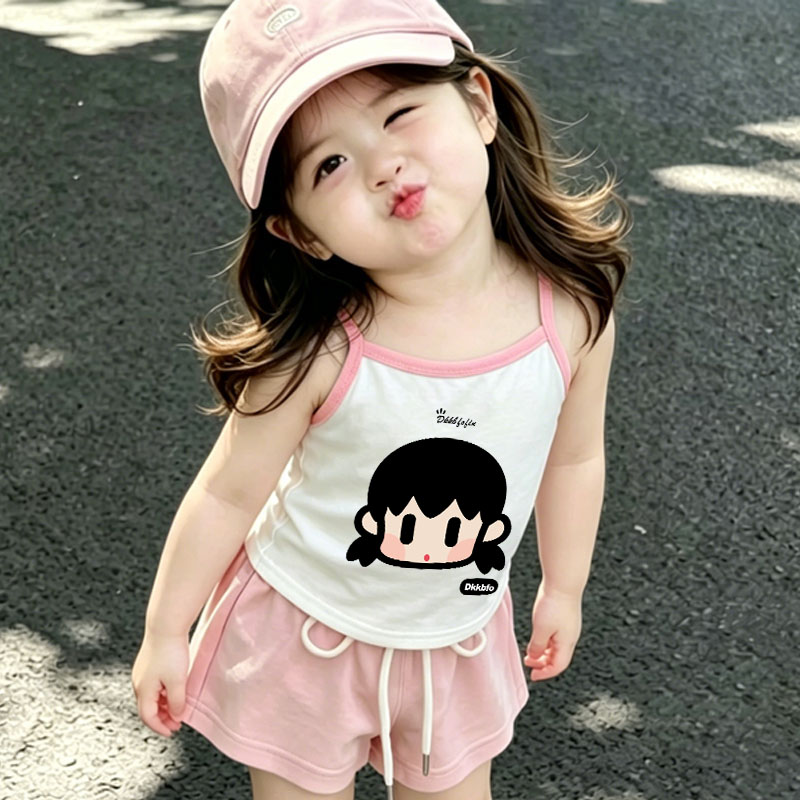 夏季女童吊带背心儿童无袖T恤可爱卡通女宝宝吊带上衣薄款打底衫