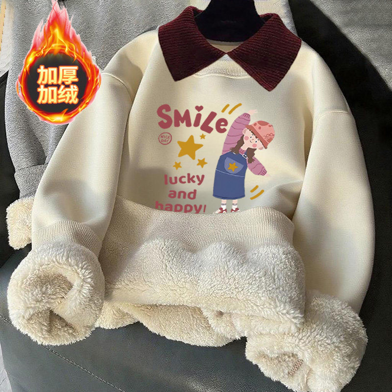 女童加绒卫衣儿童秋冬季羊羔绒加厚卫衣中大童宽松保暖外穿上衣潮