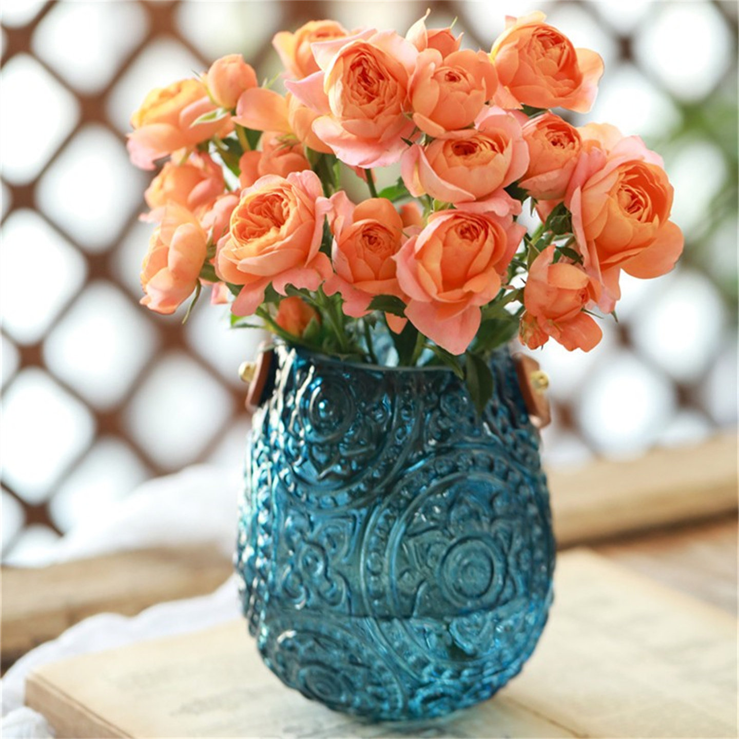 北欧风格复古玻璃浮雕大口提手花瓶手工创意花束摆件居家装饰轻奢