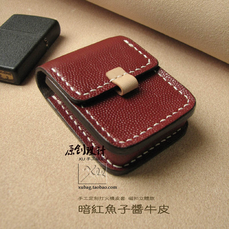 XU手工红鱼子酱牛皮羊皮打火机皮套适用于芝宝朗声等翻盖新品定制