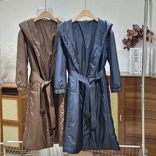 意大利奢品高端真丝感骆驼绒服连帽系带收腰中长款羽绒服外套女