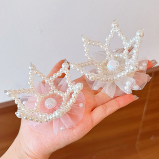 韩国立体皇冠头饰公主儿童发夹珍珠网纱小女孩洋气发饰发卡顶夹