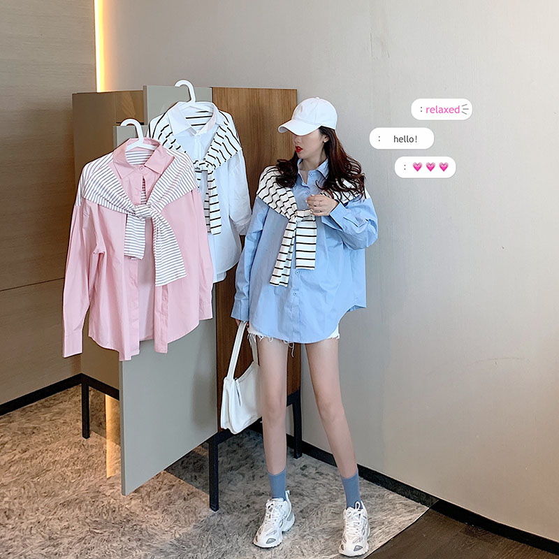 Real auction real price shawl fake two-piece shirt female student versatile loose stripe color contrast Long Sleeve Shirt