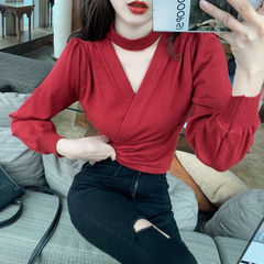 Real price! Neck hanging style T-shirt women's waistband slim cross V-neck Lantern Sleeve Sweater winter 84