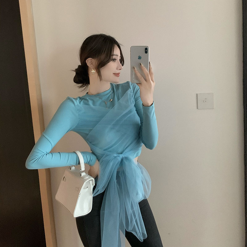 Real price! Short mesh stitching T-shirt women's sexy tight bottoming shirt open navel slim long sleeve top