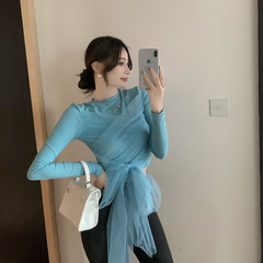 Real price! Short mesh stitching T-shirt women's sexy tight bottoming shirt open navel slim long sleeve top