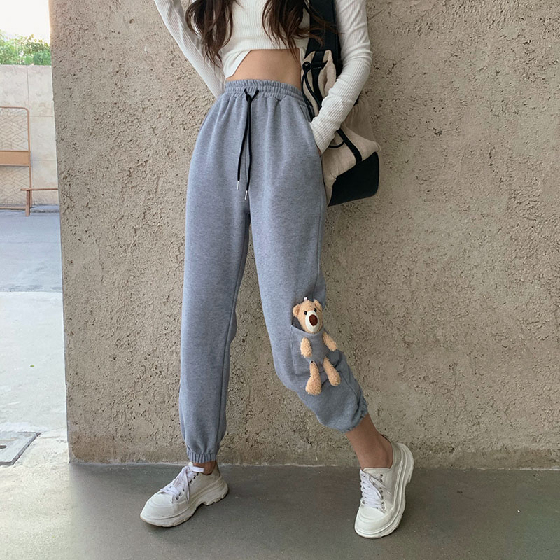 Real price! Bear grey legged pants women's Korean loose Plush 9-point Harem Pants fashion