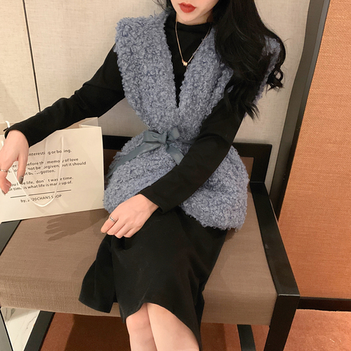 Real price! High waist split Middle Length Dress + lamb hair vest fashion versatile coat for women