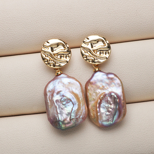 轻奢气质粉紫色天然淡水巴洛克珍珠方形耳坠女时尚设计感耳钉耳饰